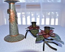 (2) Vtg Candle Holders - 2-Taper Metal Flower Branch + Galvanized Pillar Holder
