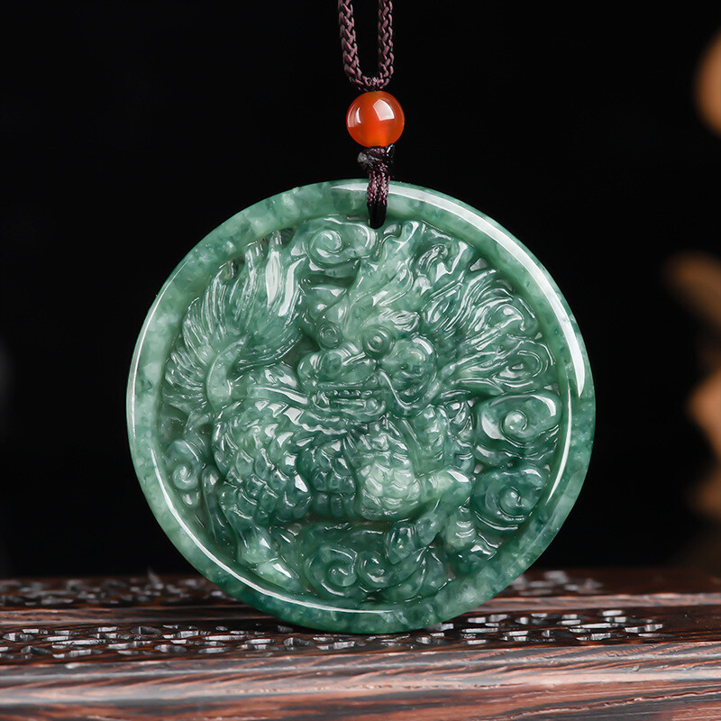 Chinese Natural Emerald Bean Green Kylin Wealth Blessing Jade Pendant Necklace