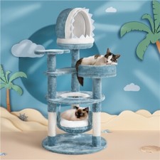 Cat Tree Plush Ocean-themed Cat Tower w/Shark's Mouth-shaped Condo Hammock 115cm