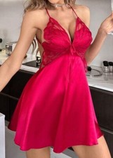 Butterfly Appliqu  Red Satin Open Back Babydoll Nighty Nightgown Lingerie L NEW