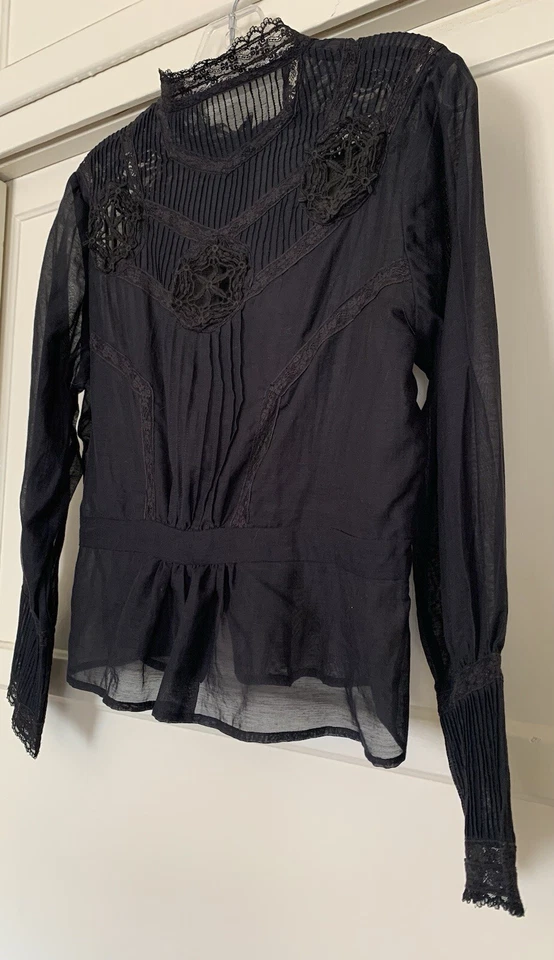 🦋Blusa victoriana negra vintage de los años 80 con detalles pintuck de encaje de ganchillo talla XS NUEVA SIN ETIQUETAS Foto 4 de 4