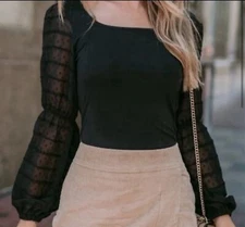 black vintage swiss dot sheer elastic sleeve top size small