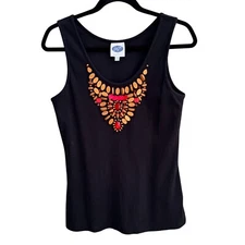 Dg2 By Diane Gilman Black Wooden Red Beaded Embellished Shirt Blouse Tank Top M