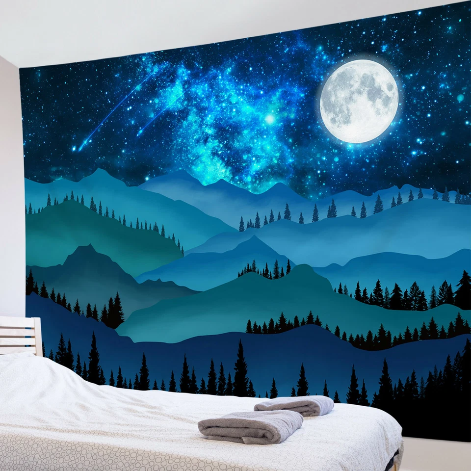 Mysterious Starry Moon Tapestry Mountain Forest Wall Hanging Living Room Bedroom - Image 2 of 4