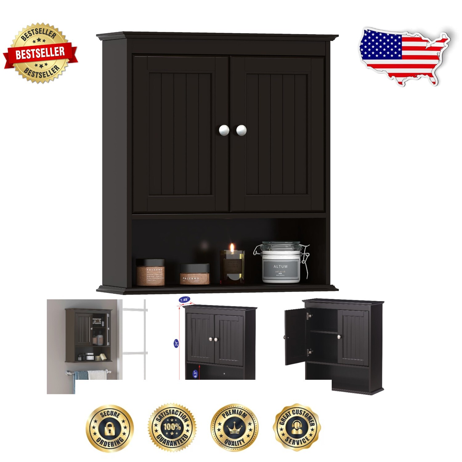 Espresso Wood Medicine Cabinet – Stylish Wall Storage with Raised Panel Doors