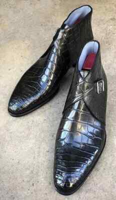 Handmade Mens Leather Black Alligator Text Formal Monk Dress Ankle Boots For Men