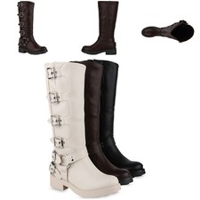 Damen Leicht Gefütterte Bikerstiefel Schnallen Nieten Schuhe 840848