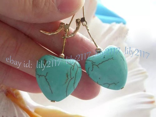 18mm Natural Blue Turquoise Heart Shaped Gemstone Beads Dangle Earrings - Picture 3 of 6