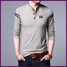 Men Summer Long Sleeve Polo Shirt Cotton Stand Collar Casual Comfortable