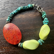 Genuine Turquoise, Red Jaspar, &amp; 925 SS Bracelet by Pollie. Toggle Clasp.