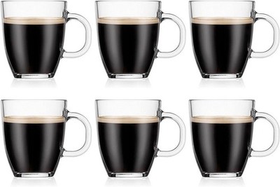 Bodum Bistro Glass Coffee Mugs 12oz - Set of 6 Tempered Glass Cups - Clear