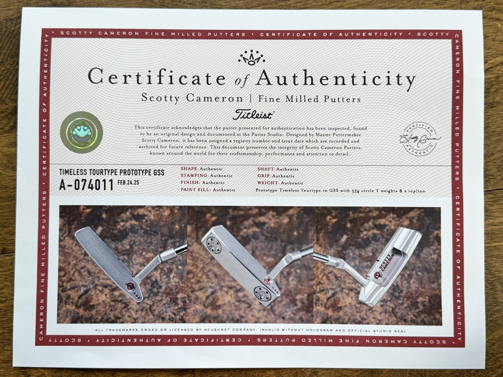 A074011, the certificate in an eBay listing's photos