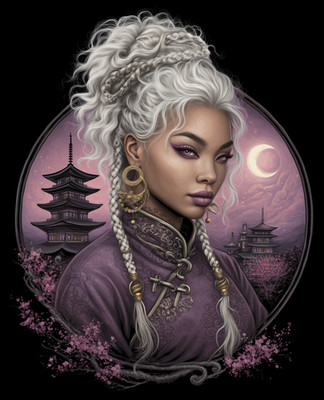 Regal Woman with Silver Braids Before Moonlit Pagodas Print - 762695206