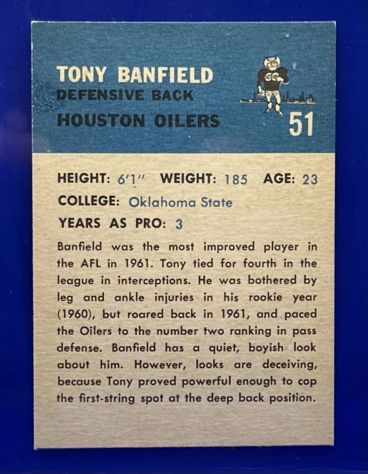 1962 Fleer Football Card #51 Tony Banfield-Houston Oilers Ex Mint - Image 2 of 2