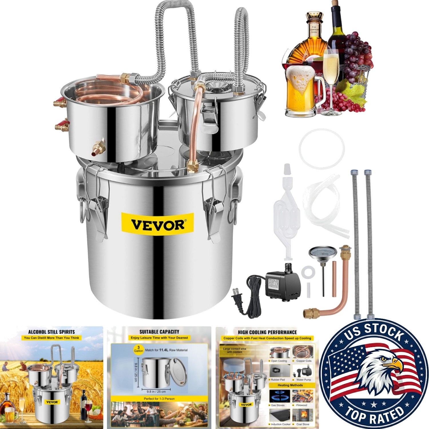 3 Gallon Stainless Steel Alcohol Distiller with Copper Tube & Thermometer