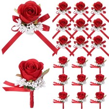 20 PCS Wedding Red Corsage Boutonniere Set Men Women Artificial Flower Prom