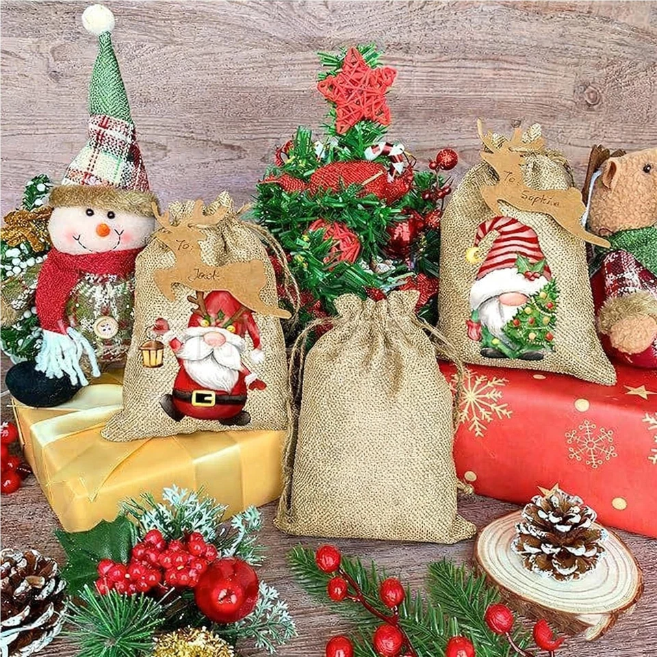 12 Piezas Bolsas de Regalo de Arpillera de Lino de Navidad Yute Cordón Caramelo Golosinas Favores de Fiesta Foto 4 de 4