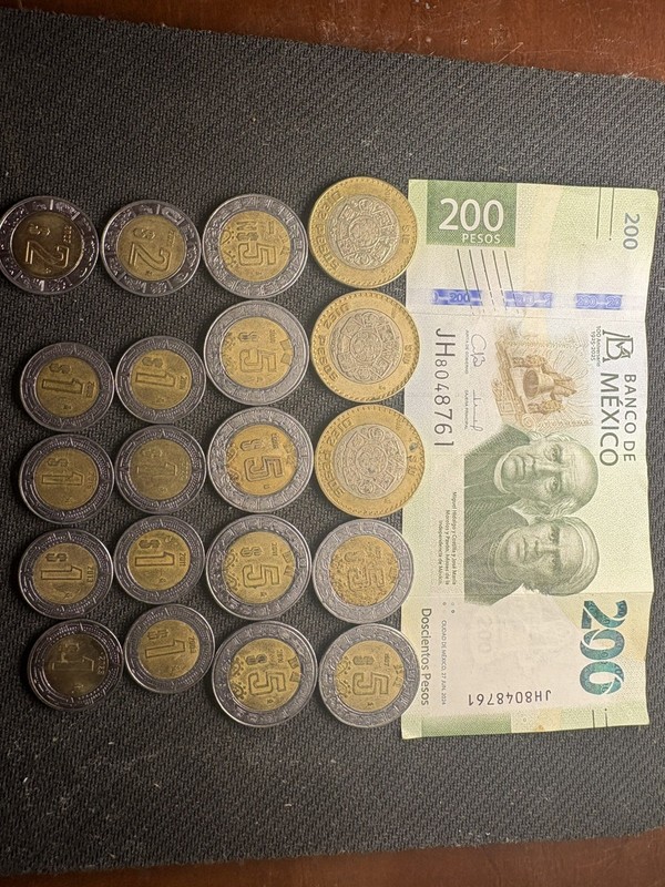 277 Mexican Pesos Currency Lot – Genuine Mexico Money – 200 Peso Note & 20 Coins