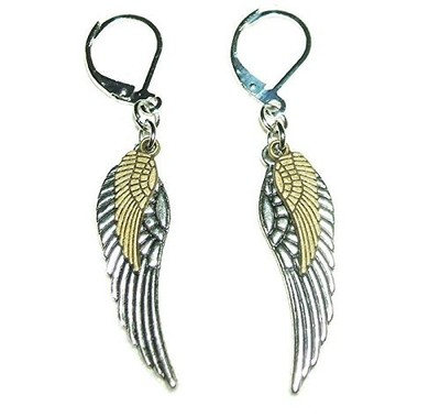ANGEL WING EARRINGS Two Tone Metal Large Small Layered Feathers Leverbacks