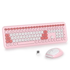 Pink White Wireless Typewriter Keyboard and Mouse Combo Retro 104 Key Set