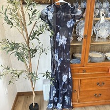 VTG 90s Girl 14 Navy Blue Chiffon Floral Maxi Dress Storybook Heirlooms Spring