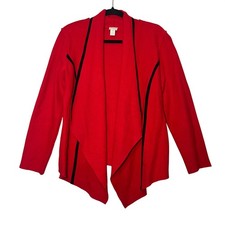 Chicos Traci 100 Wool Open Front Waterfall Cardigan Sweater Black Trim Size 1/M