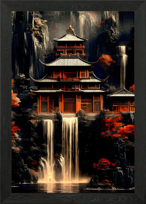 Asiatischer Tempel mit Wasserfall Gerahmtes Wandbild Poster Leinwanddruck Bild
