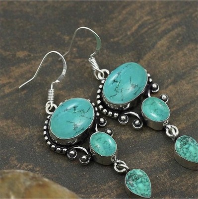 Natural Turquoise Native American Dangle hook Earrings 925sterling 
