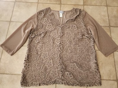 Fair Lady Sz 14 Brown Lace Embroidered Front Sheer Mesh Sleeve Lined Top Blouse 