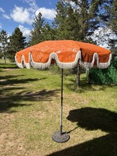 Vintage 7' Mid Century Umbrella Fringe Orange Floral Pattern Green Hand Crank