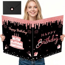 Black and Rose Gold Giant Birthday Card with Envelope, Large Happy Birthday Gues