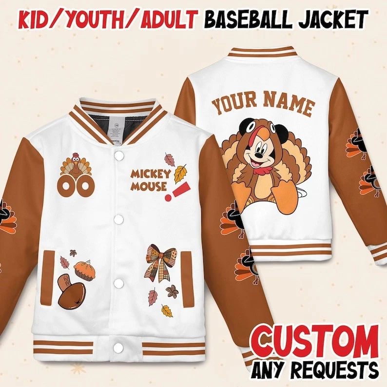 Personalized Mickey Cosplay Turkey Thanksgiving Fall Vibes Baseball Jacket