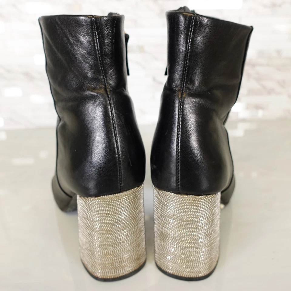 Alice Olivia Botas Cuero 6 Negro Botín Tachonado Brillante Fiesta Plateado Foto 2 de 4