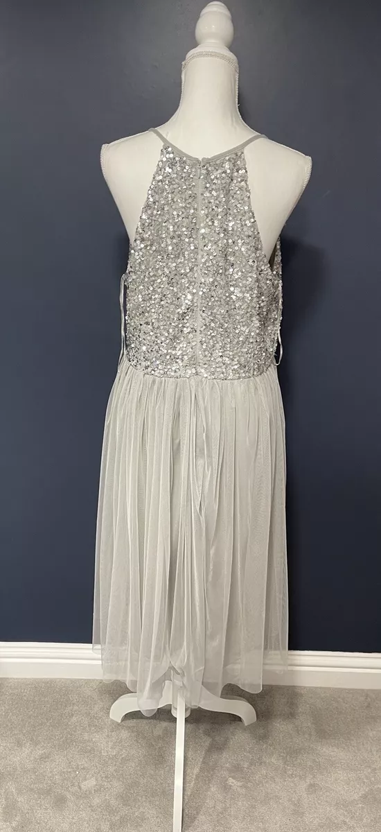 Maya Deluxe Grey Embellished Halter Neck Midi Bridesmaid Party Dress Size 18