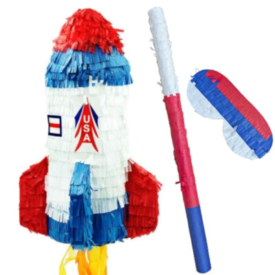 SPACE ROCKET PINATA MIT BASH STICK & AUGENBINDE MASKE 43 CM HÄNGEND PARTY SPIEL SPIELZEUG