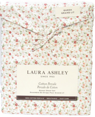 Laura Ashley 4 PC Cotton Percale Sheet Set Evie Floral Paprika Pink Green Queen