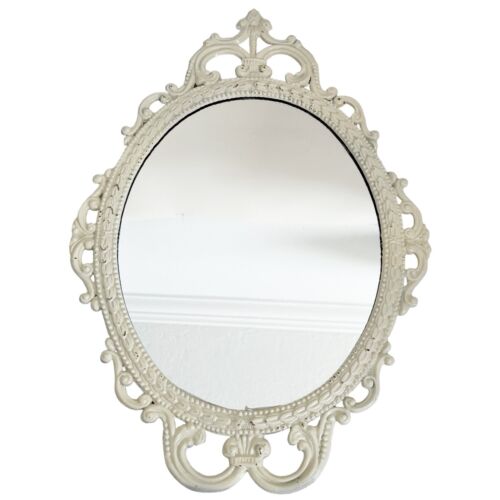 Vintage Italian Oval Wall Mirror Painted Ornate Brass Frame Shabby Cottage 18"