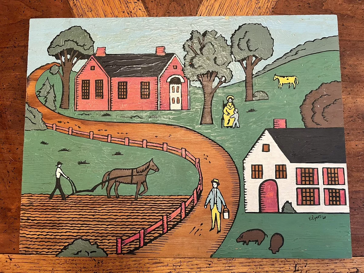 Vintage Americana Naive Folk Art Style Primitive Oil Painting