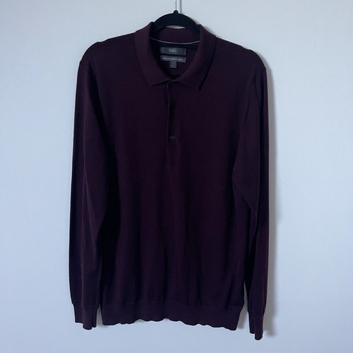 Men’s M&S Extra Fine Merino Wool Burgundy Polo Collared Jumper UK Size