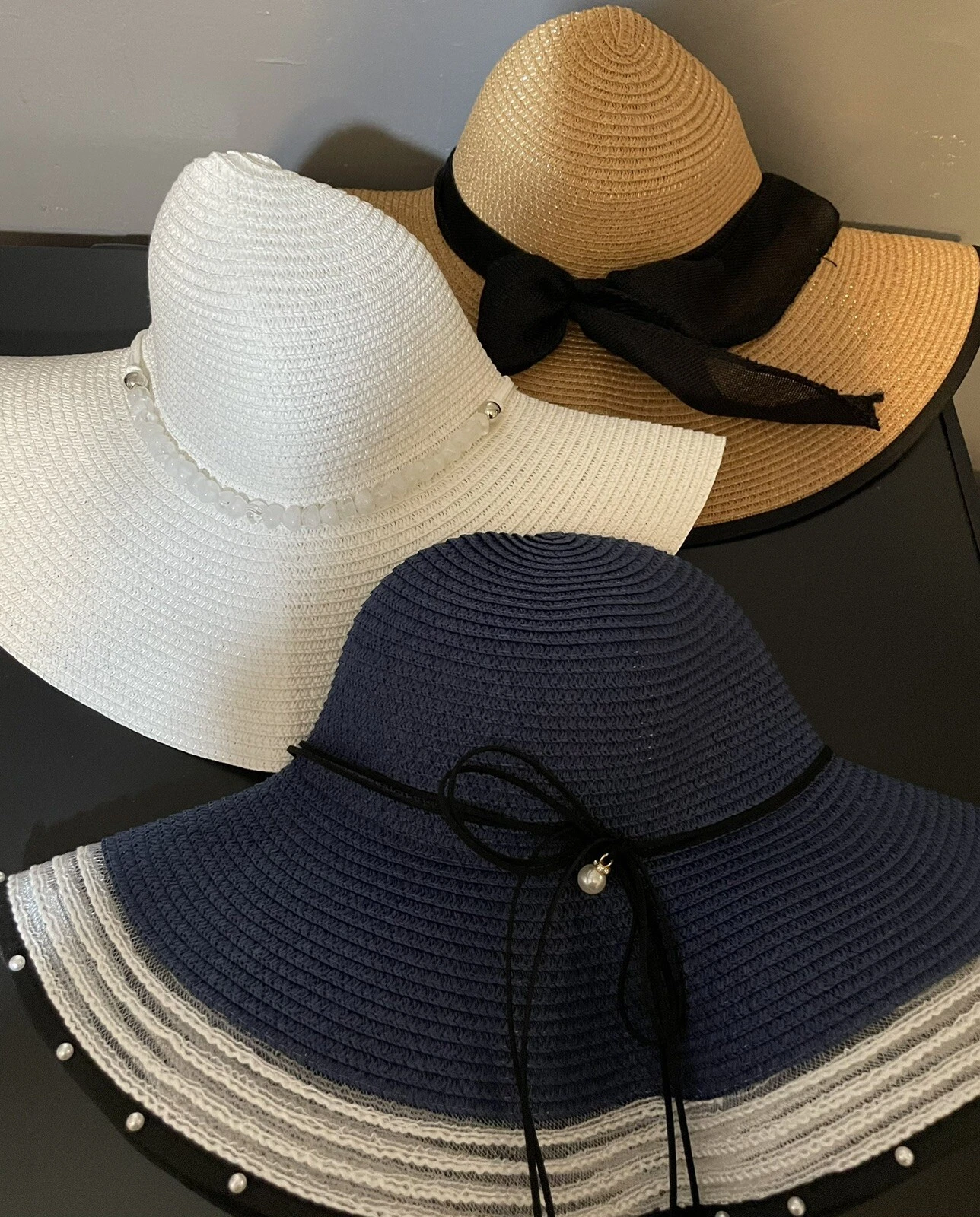 3 Stylish Summer Hats Blue White Beige Colors