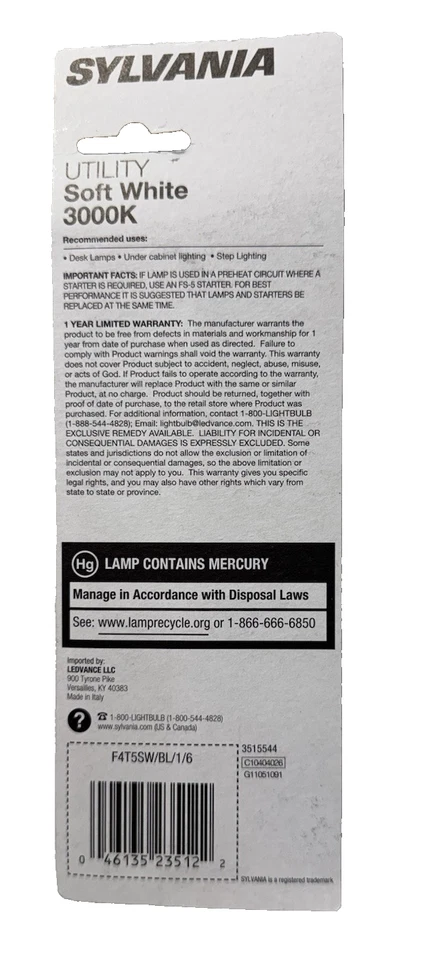 Sylvania T5 Utility Light Bulb 6" Inch 4 Watt 3000K Soft White F4T5 (3 PACK) - Image 2 of 3