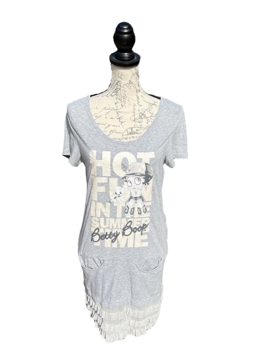 Betty Boop Graphic Grey T-shirt Ruffle Hem Dress Women Size M