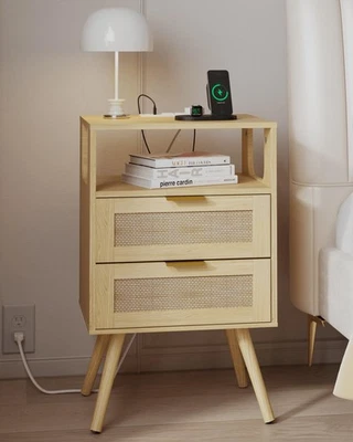 Joonee Rattan Nachttisch Ladestation Bauernhaus Nachttisch 2 Stauraum - Bild 1 von 4