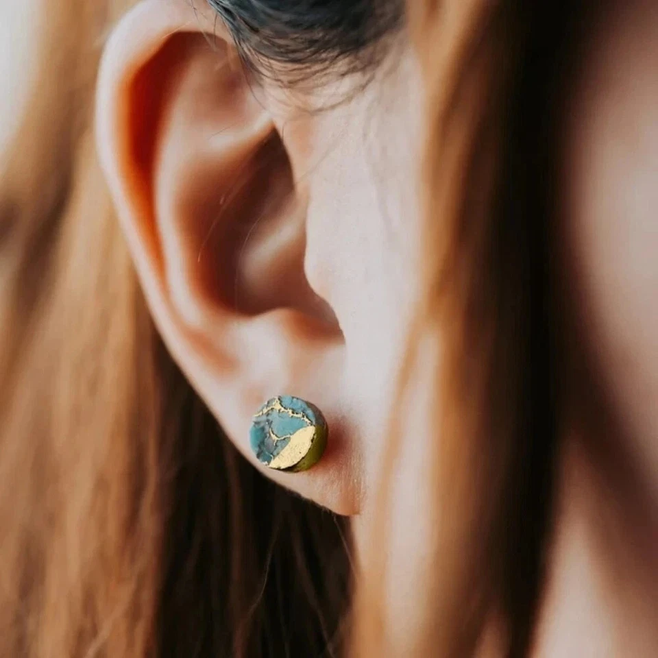Genuine Turquoise Dainty Oval Stud Earrings Gold Plated Women Healing Jewelry - Image 3 of 3
