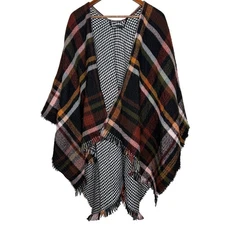 Steve Madden Reversible Plaid Houndstooth Poncho Cape Shawl OSFM Women