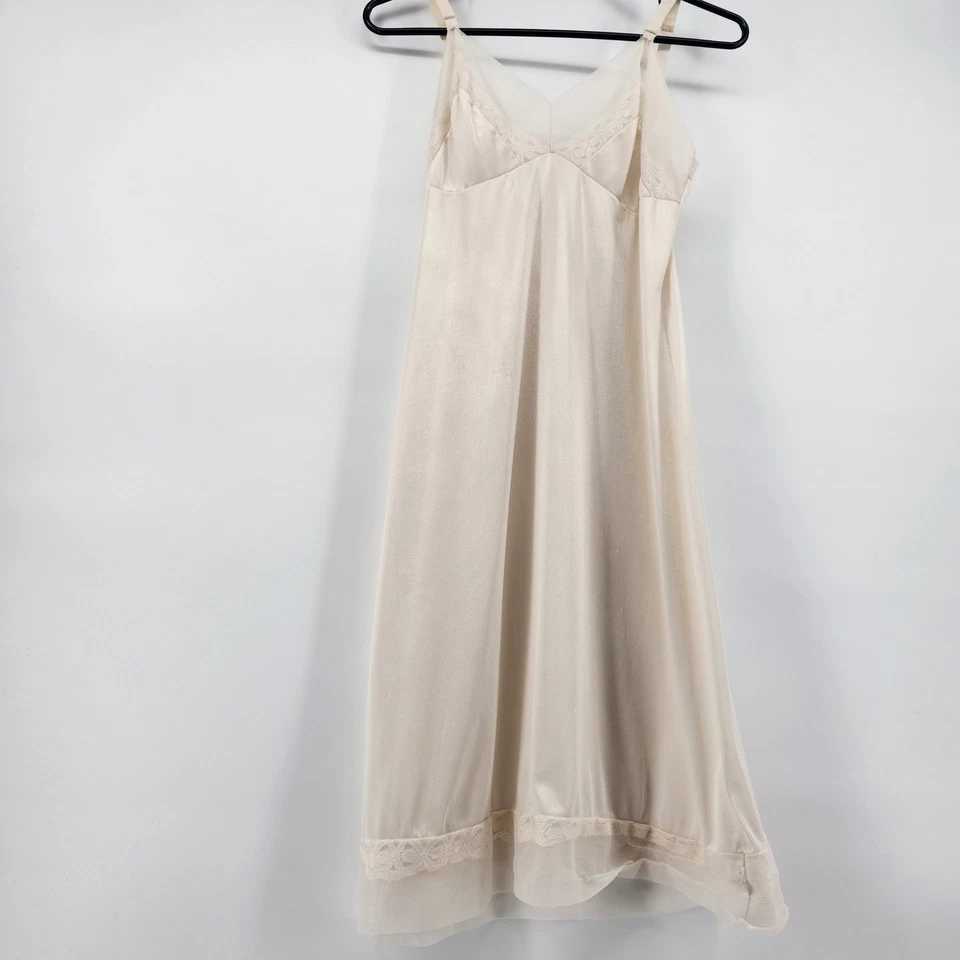 Винтажный женщин кремовый кружева отделки скольжения платье полный скольжения ночная рубашка прихоть размер 36 - Изображение 2 из 4