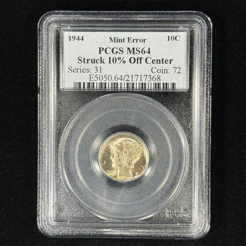 1944 10C MS64 PCGS Mercury Silver Dime - Struck 10% Off-Center - Mint Error