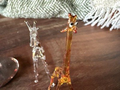 2 Hand blown Glass Giraffes And One Stand