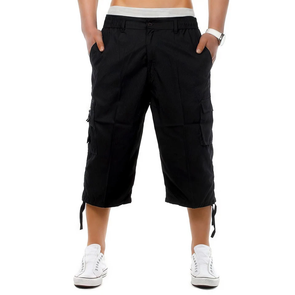 Mens Combat Cargo 3/4 Shorts Elasticated Pockets Casual Pants Big Sizes S-6xl Black Bg-622 L