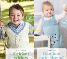 KNITTING PATTERNS BABY GIRLS SHEEP DRESS AGE 0-2 & BOYS CRICKET TANK TOP AGE 2-9